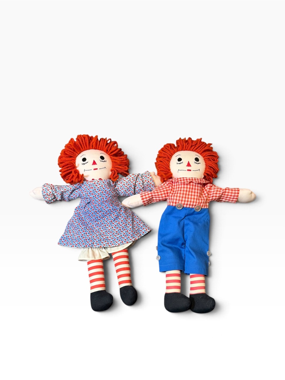 Raggedy Ann and Andy Doll Set Blue Floral Dress and Blue Overalls